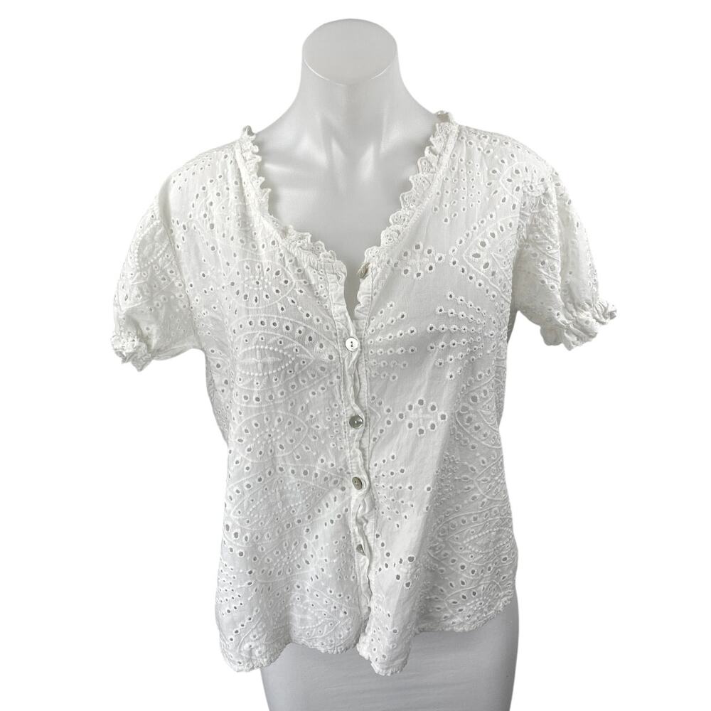 Flora Ashley White Eyelet Embroidered Ruffle Short Sleeve Button Up Blouse Top S